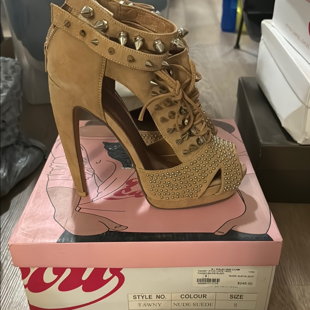 Tawny Nude Suede Studded Heels
